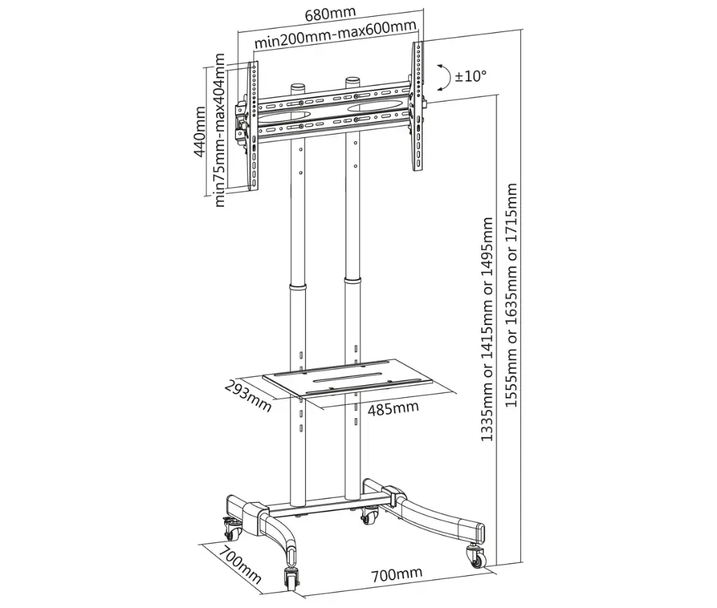 Pedestal con Ruedas para TV 37 a 70 Pulg  VESA Max 600x400mm Carga 40 kg